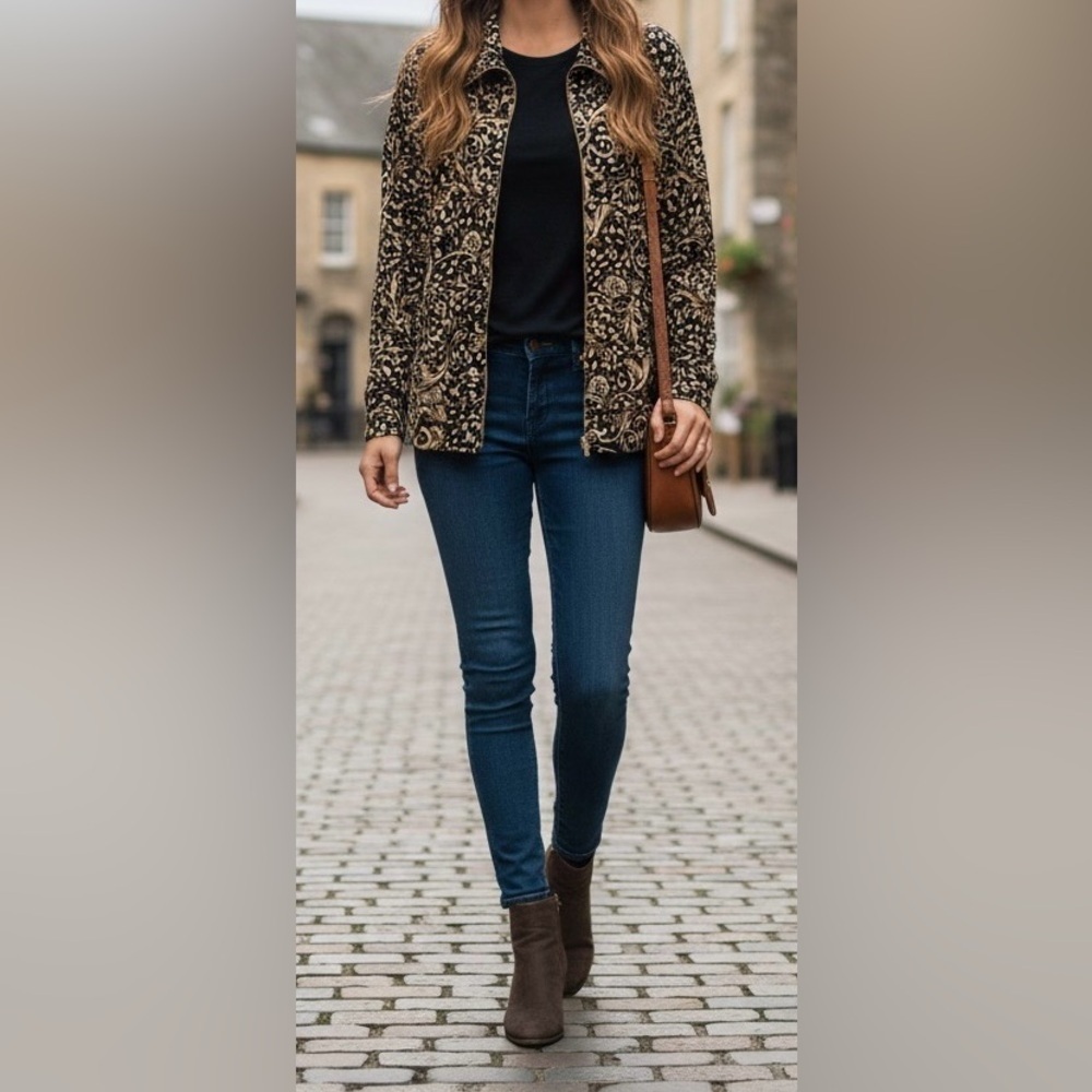 Karen Scott Black and Gold Patterned lightweight jacket - Picture 1 of 4